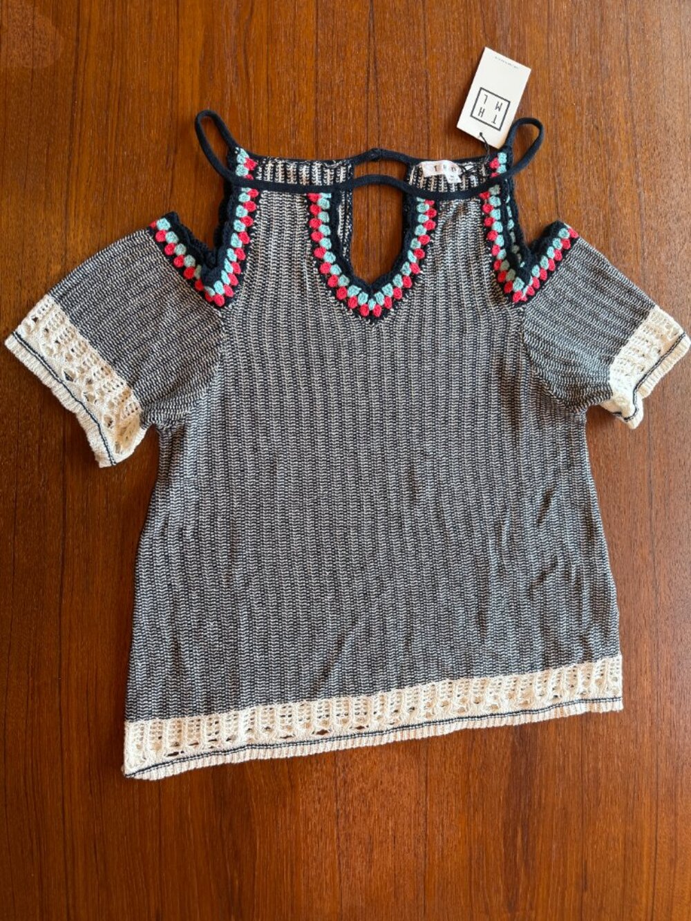 THML Crochet Trim Cold Shoulder Knit Top M NWT
